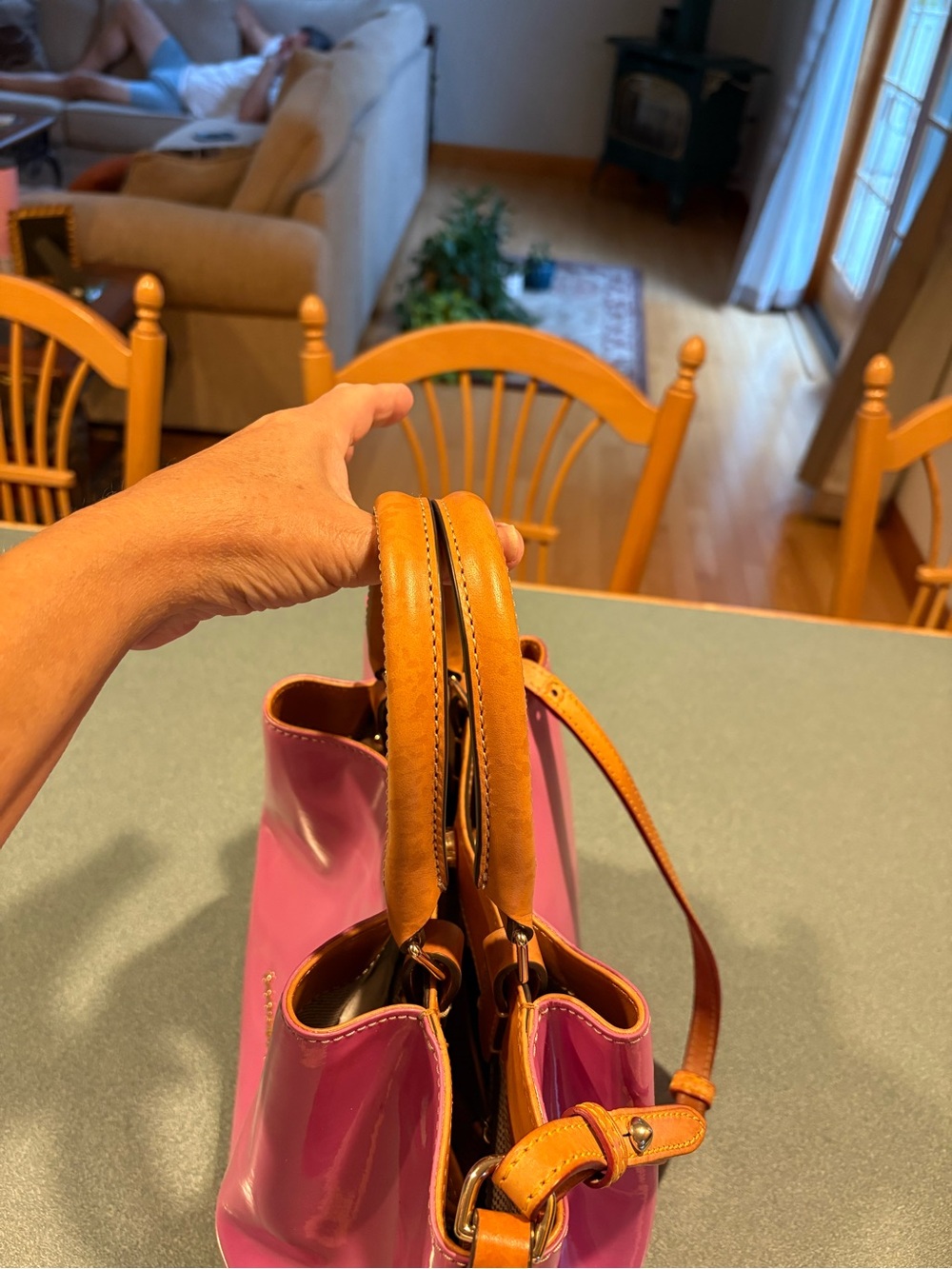 Dooney & Bourke Hot Pink Patent Satchel with Tan Trim - Picture 8 of 13